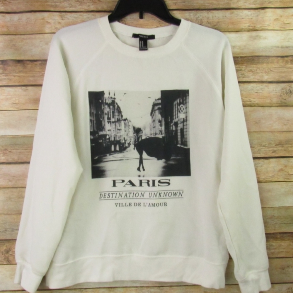 Forever 21 'Paris' Off White/Black Crew Neck Top M